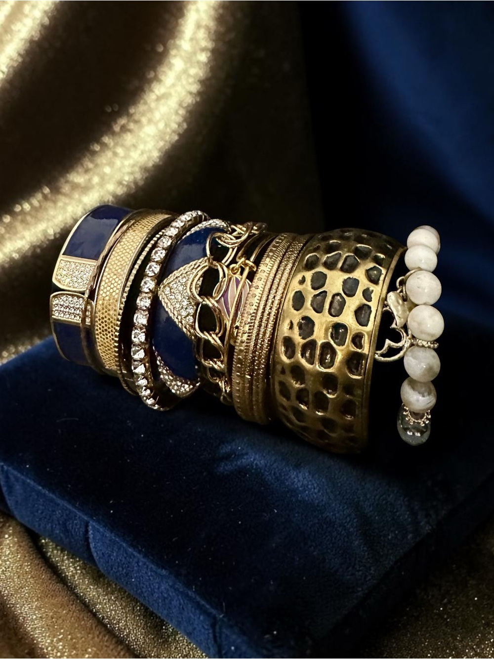 Signature Faith Gold & Navy Blue Stackable Bracelet Set 11PC Boho Mixed Metal